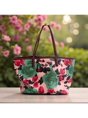 MARC BY MARC JACOBS Floral Pink Burgundy Saffiano Leather Tote Bag